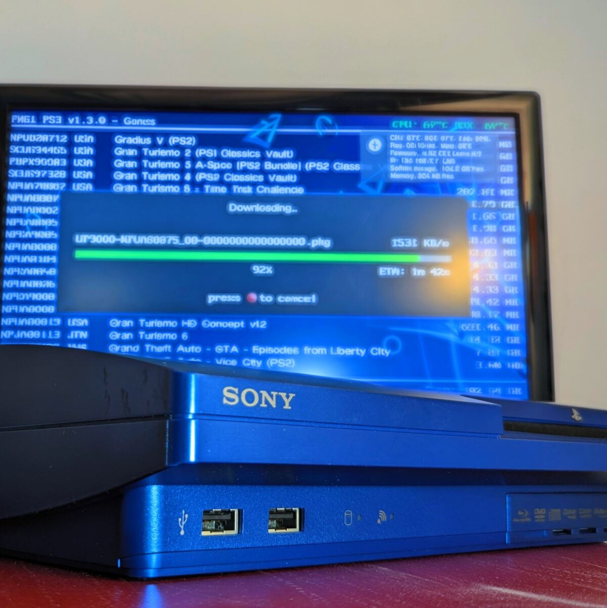 Refurbished Jailbroken PlayStation 3 Slim Titanium Blue Racing Pack. CECH-2500A GT